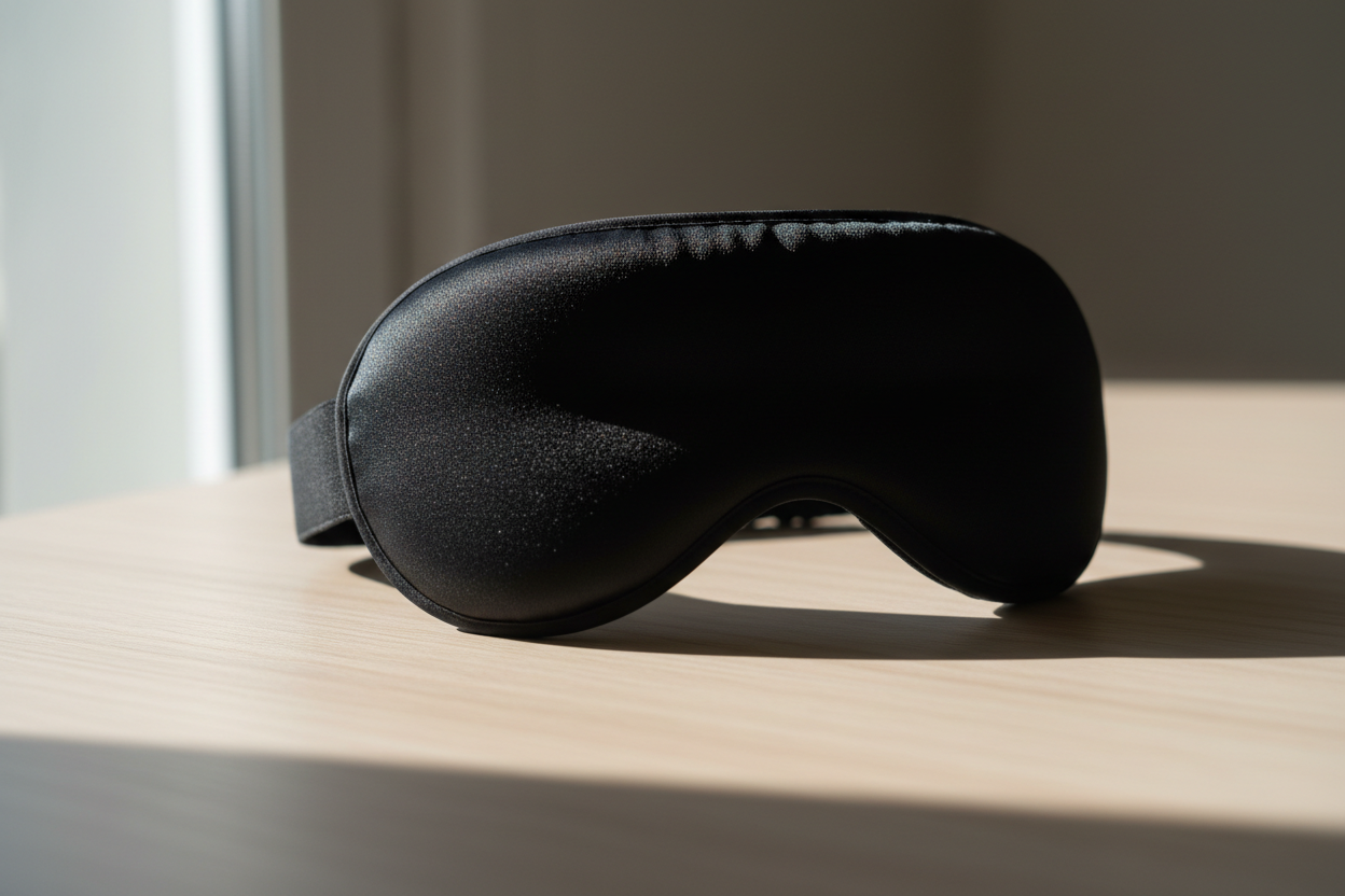 Black 3D sleep mask on light wooden table