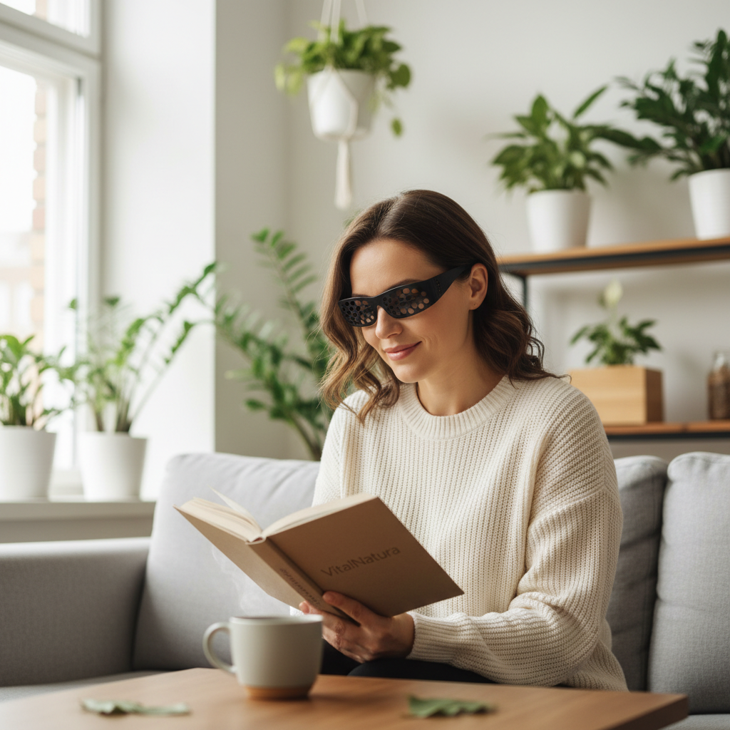 Mujer usando gafas estenopeicas
